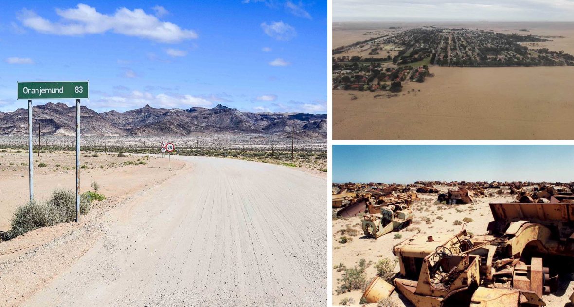 Left: A road with a street sign to Oranjemund. Top: An aerial view over a town. Bottom: Abandoned heavy ,machinery rusting in a desert.