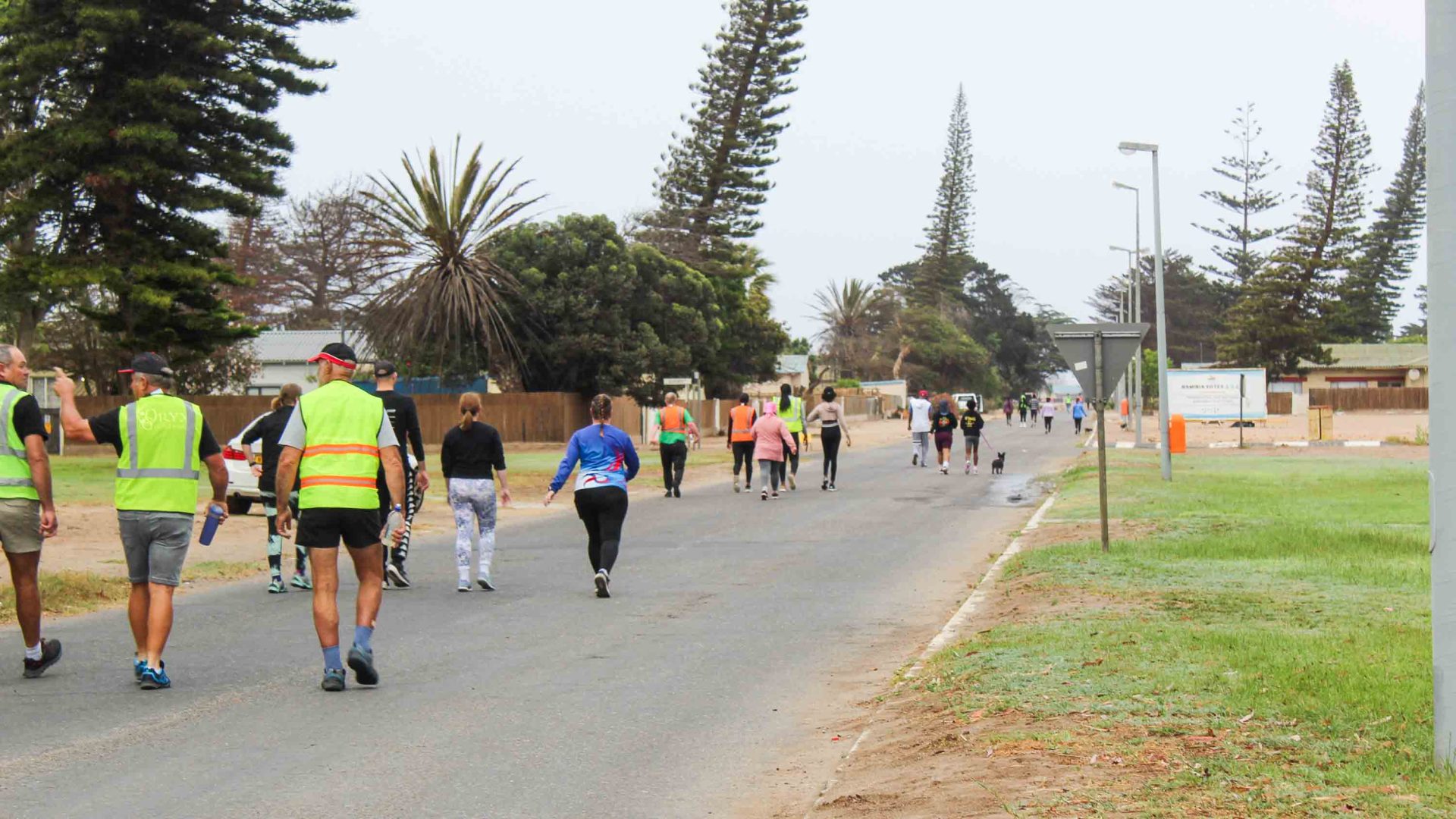 People walk and run down a suburban street.