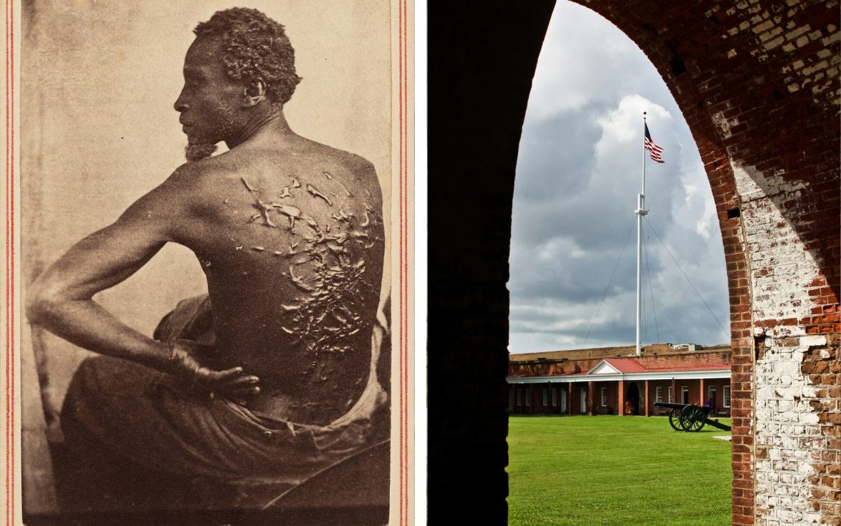 Left: A sepia-toned photograph from 1863 depicting an enslaved man's back covered in scars; Right: A brick archway displays American flag.
