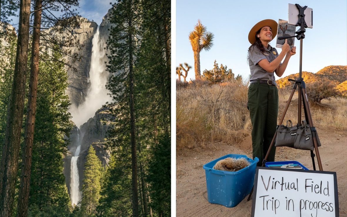 Left: A rushing waterfall in thick green forest; Right: Female park ranger speaks to camera while hosting a 'virtual field trip'