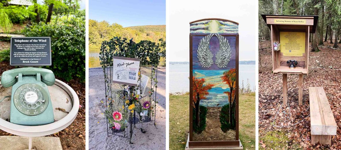 Four different wind phones in a range of natural locations.