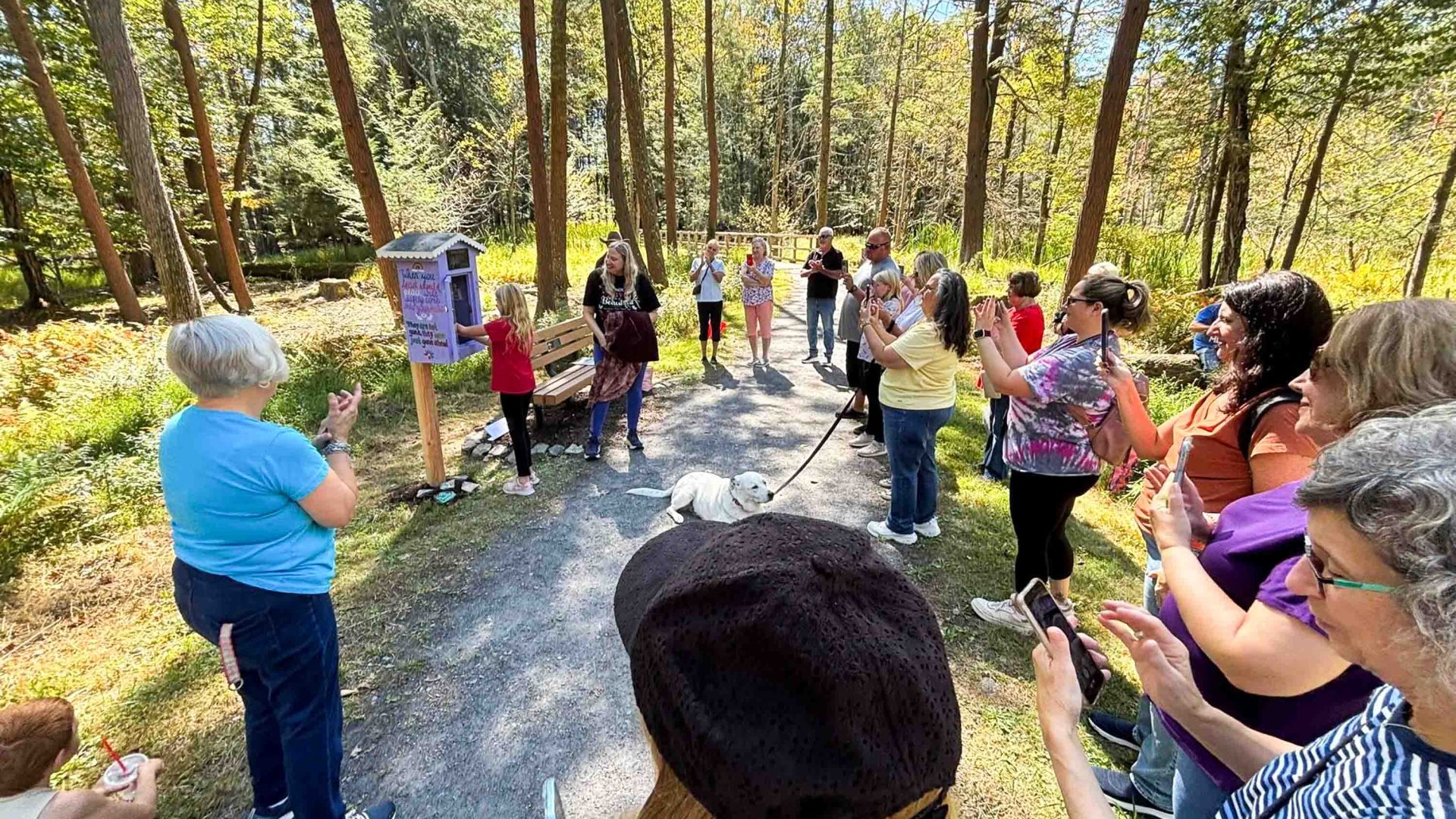 A group gathers round a wind phone and takes photos on a trail.