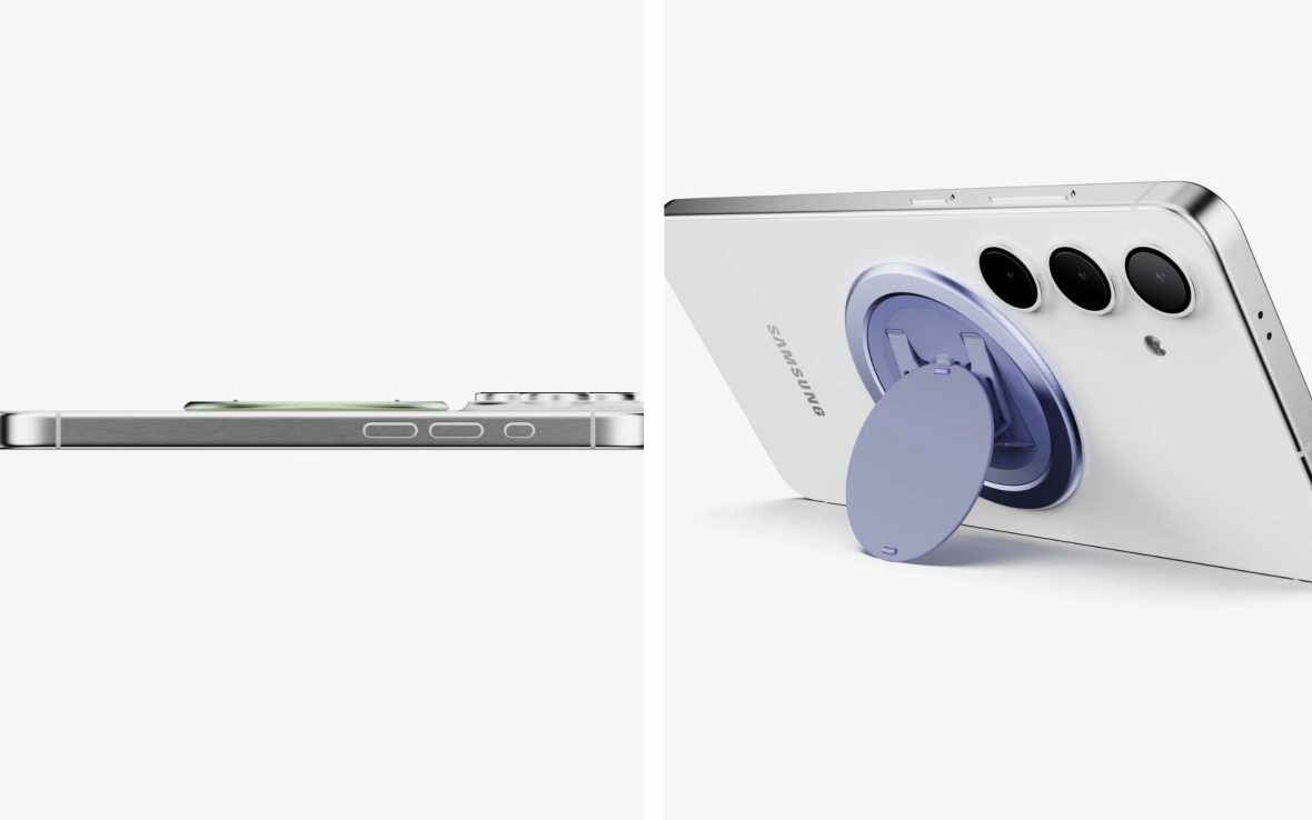 Product images of the slim Ohsnap phone grip. Left, a side view of a smartphone with the low-profile grip on top; right, a white Samsung phone rests on a circular purple grip flipped open like a kickstand.