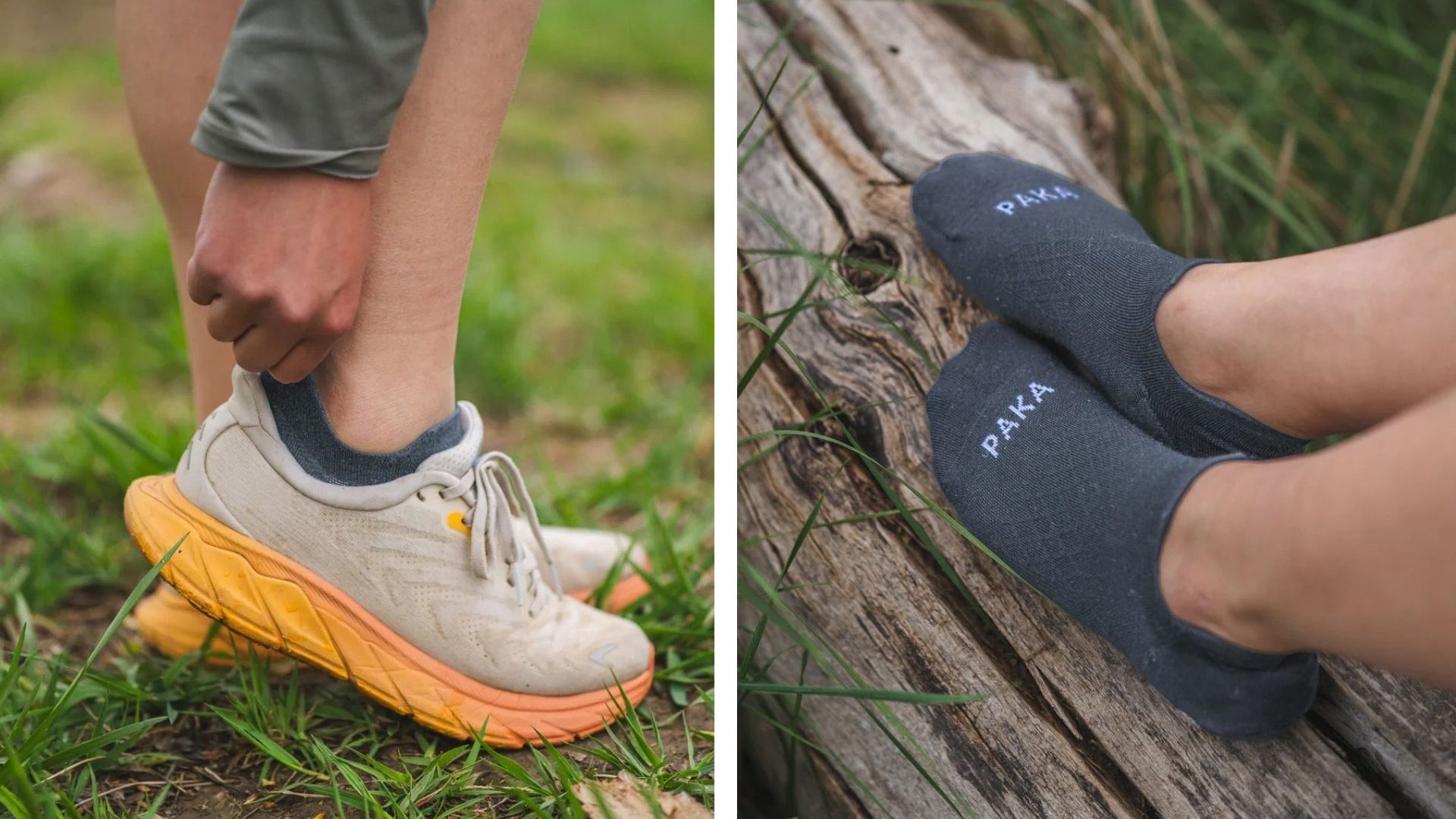 Left: close-up of a person's feet, with crew socks just visible above the sneaker. Right: close-up of feet clad in gray Paka socks.