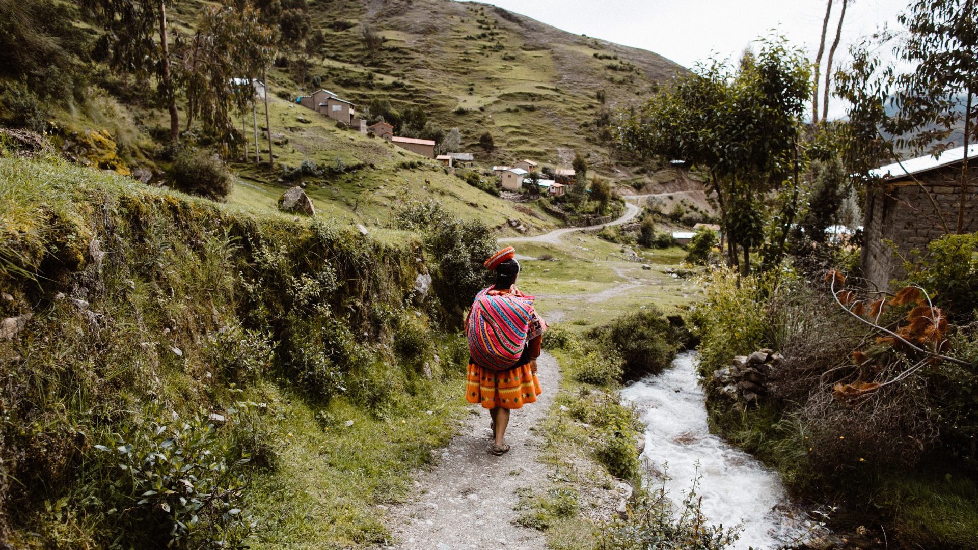 Local woman wearing colorful traditional dress walking in green mountains.