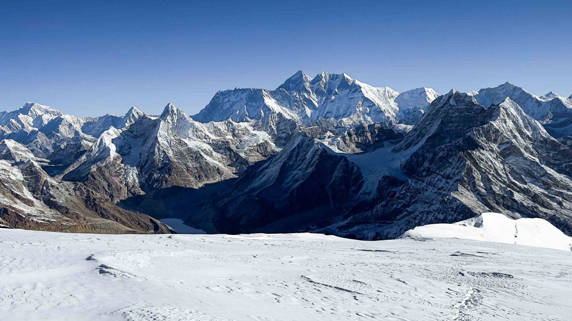 A mountain range covered in snow.