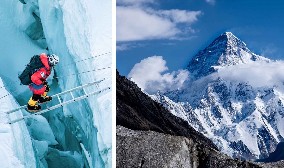 Left: A woman crosses a crevasse with a ladder. Right: A snowy mountain peak.