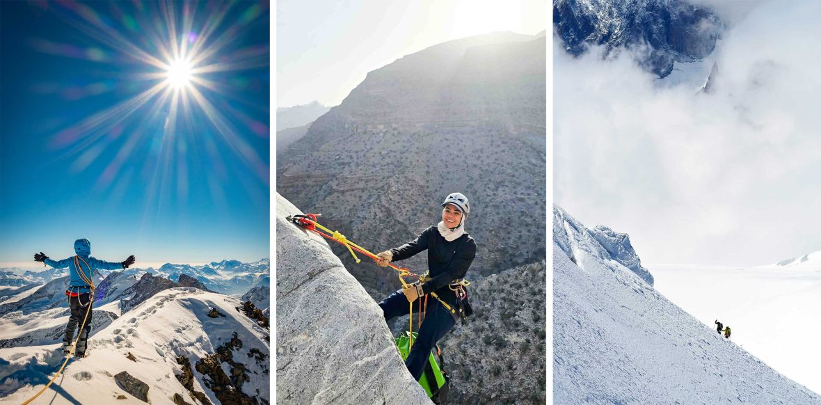 Left: A woman stands with her back to camera, arms outstretched on a mountain. Middle: A woman in a hijab smiles as she ascends a rock face. Right: Two mountaineers pause on a steep, snowy incline.