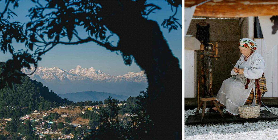 Left: A village in the mountains. Right: A woman sews at a loom.