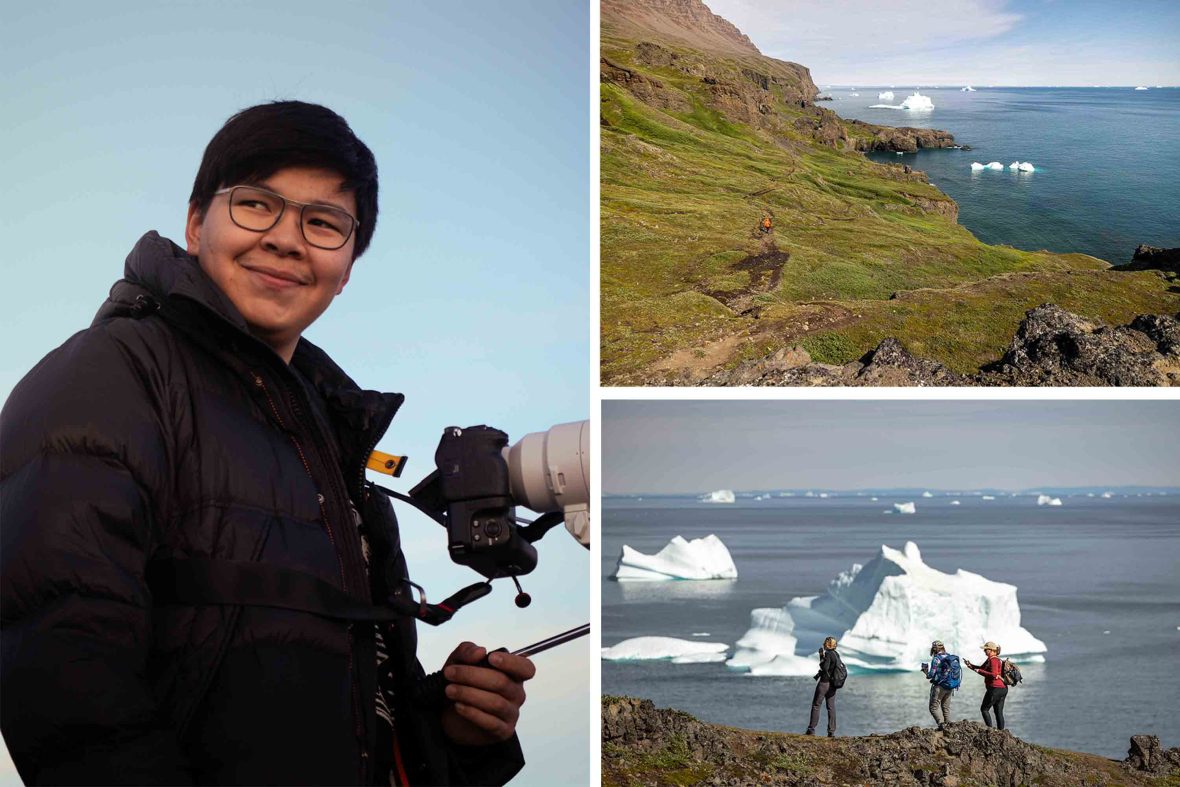 Left: A man holds a camera. Top: A person in red can just be seen hiking along a green trail by the sea. Bottom: Three tourists look at an iceberg.