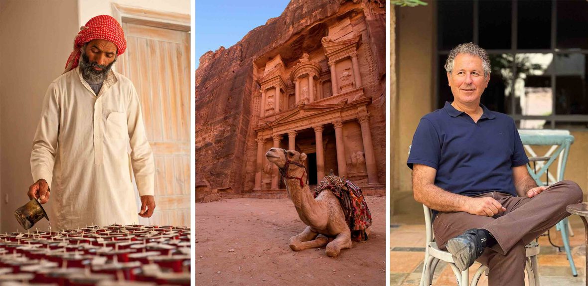 Left: A man makes candles. Centre: A camel outside the ruin of Petra. Right: A man sits in a chair.