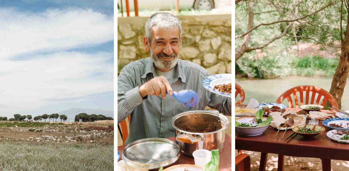 Left: A landscape with some trees and a distant hill. Centre: A man smiles while dipping a spoon into a pot of food. Right: Plates of food on a table.