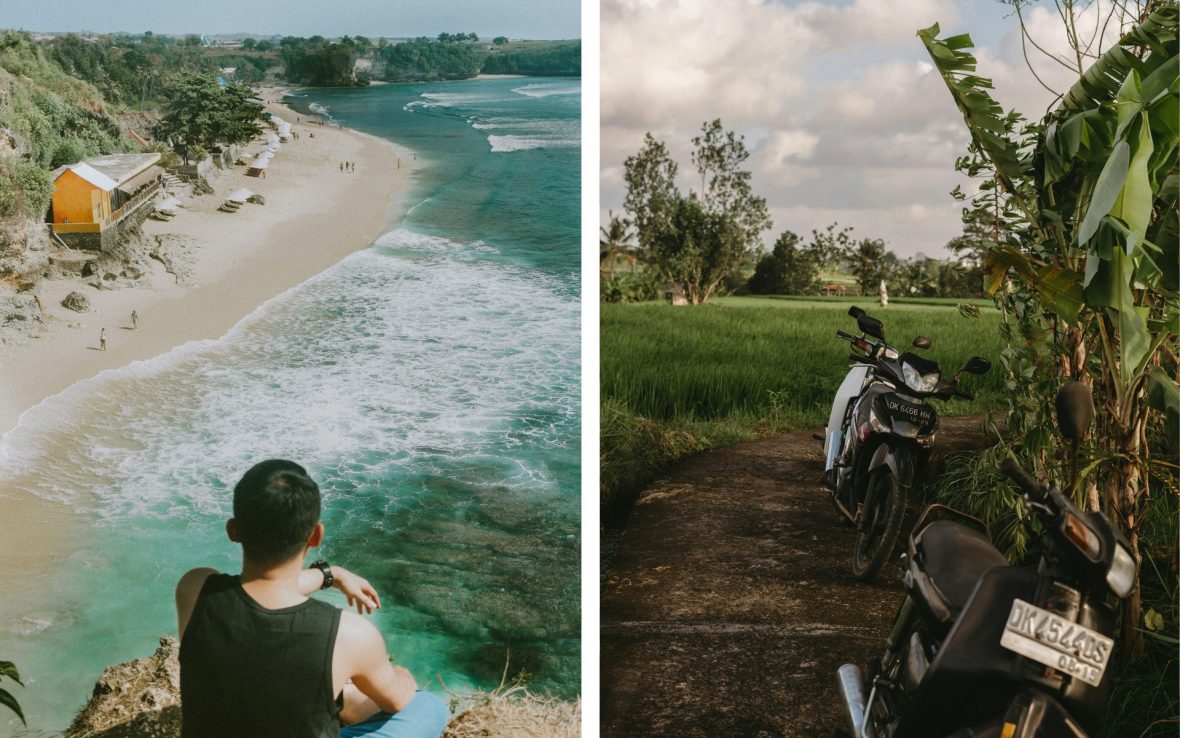Left: Man overlooks beach dotted with white umbrellas and blue water; Right: Two motorbikes parked next to a rice paddy.