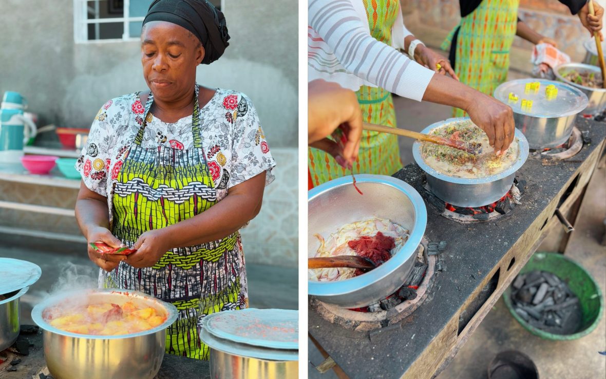 Local Rwandan women cooking over stovetops in a courtyard.
