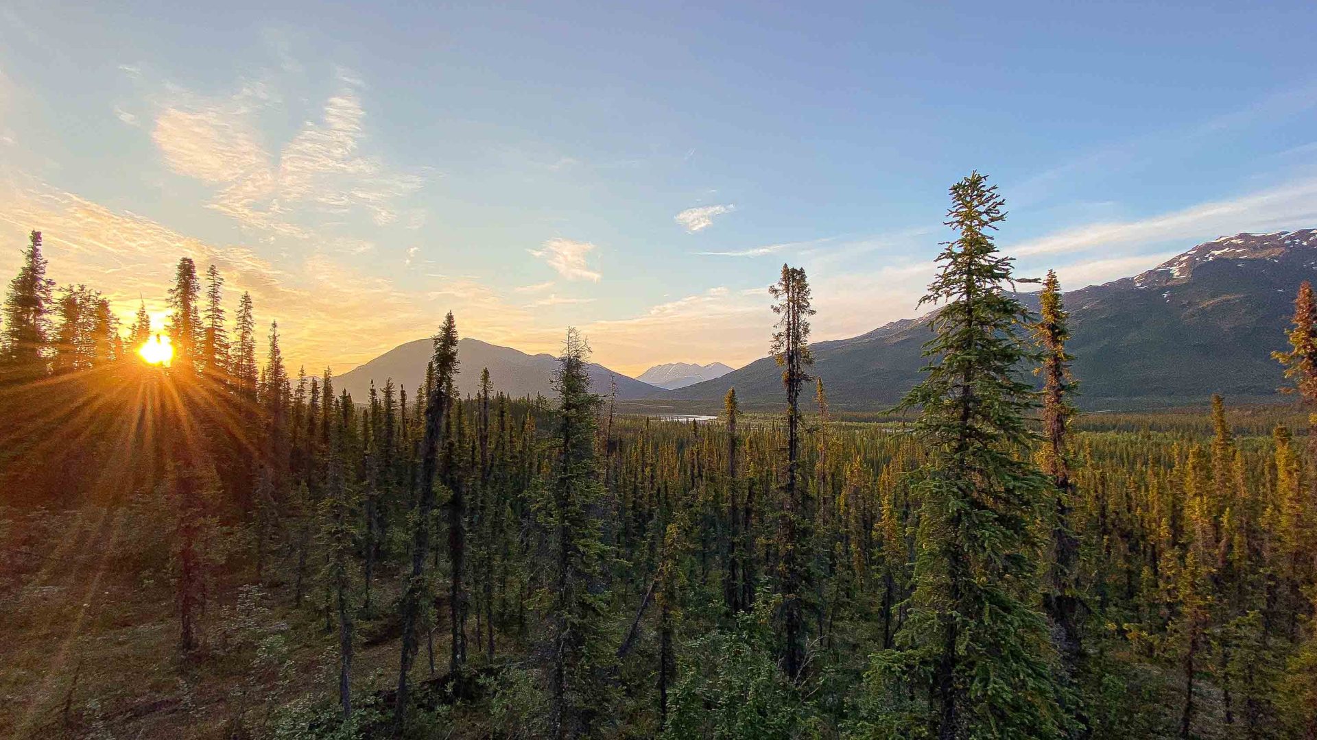A view of pastures and a mountain peak in soft lihght.