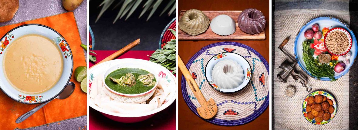 Four dishes laid out in arrangement with condiments and serving utensils.
