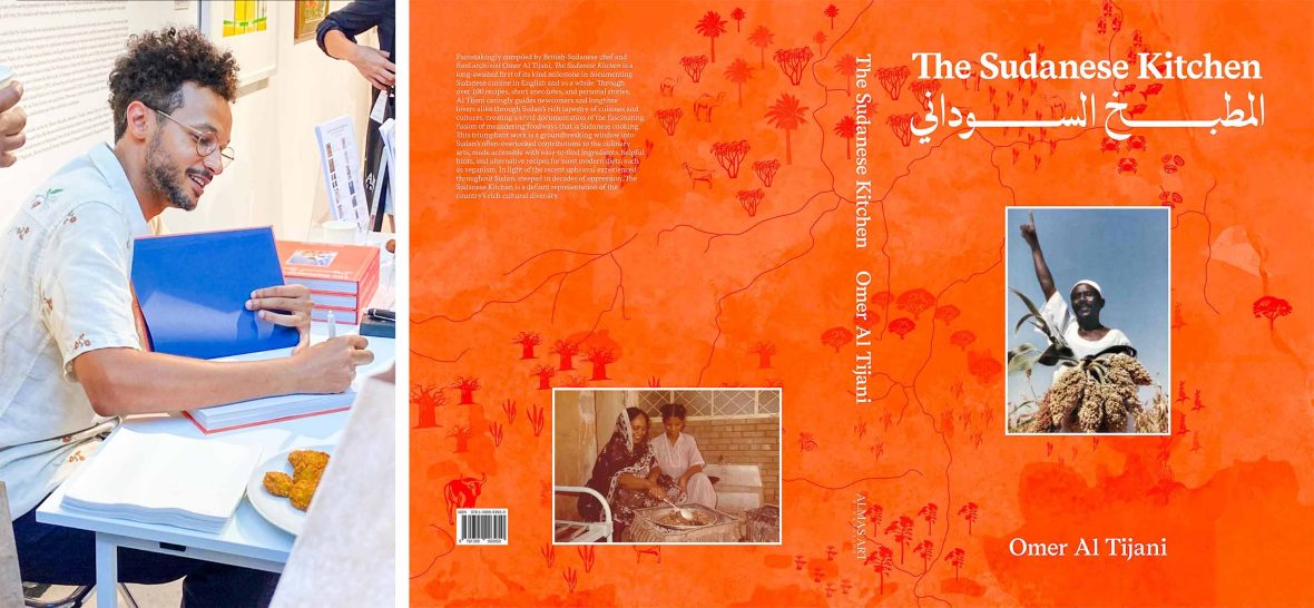 Left: A man signs a copy of a book. Right: An orange book cover.