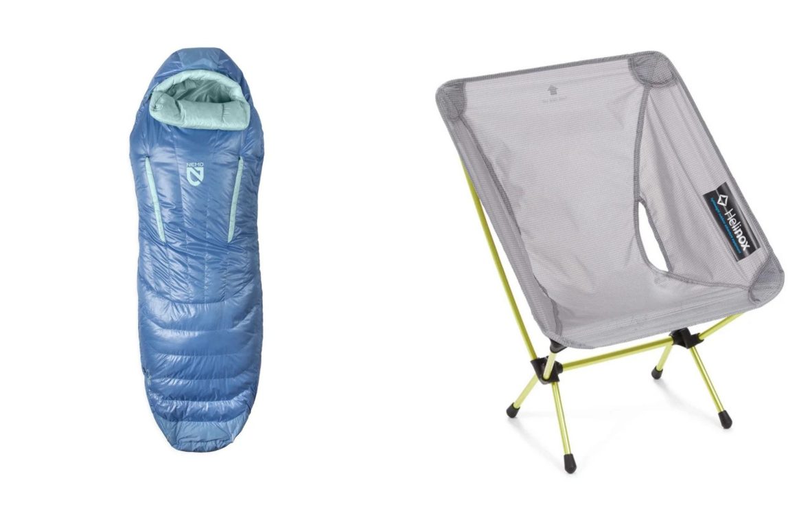 Left: Product image of the blue and turquoise Riff sleeping bag by NEMO, against white background; Right: Ultralight Helinox Chair Zero, in gray and lime green.