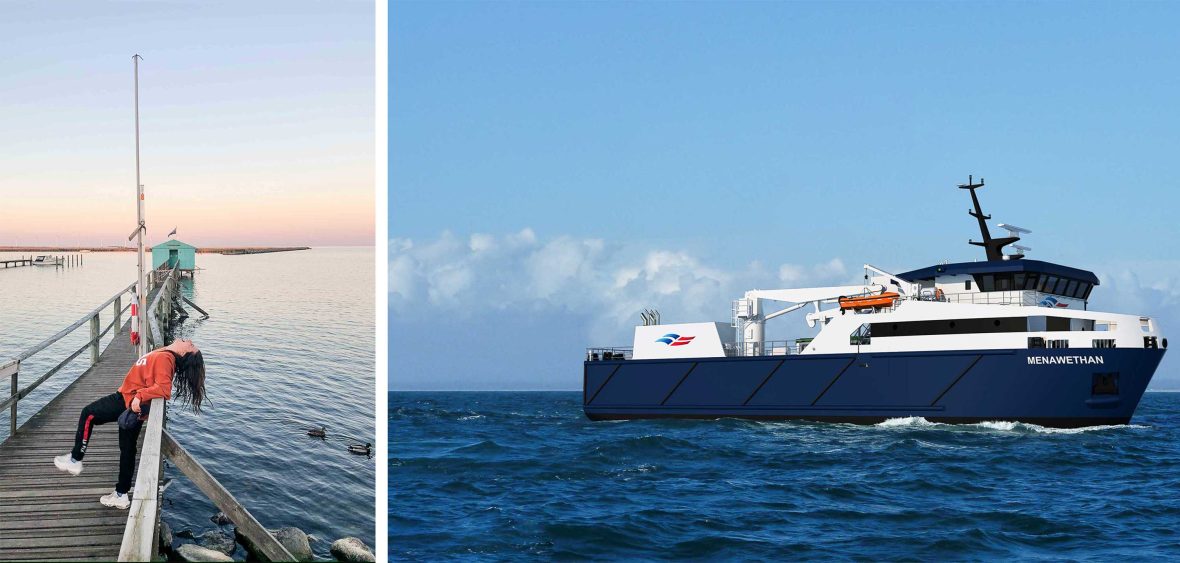 Left: A woman throws herself back while standing on a pier. Right: A ship in the sea.
