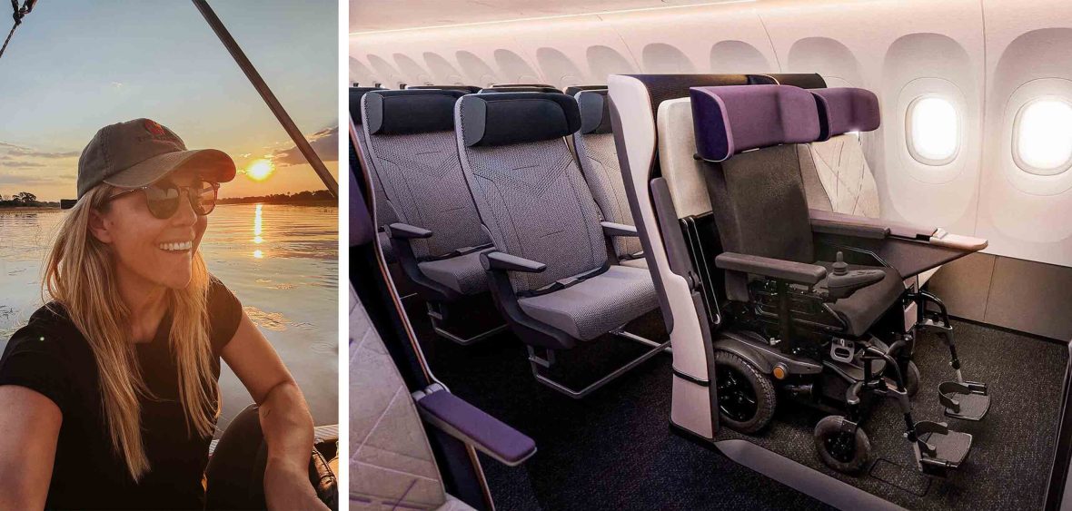 Left: A woman with long blonde hair and a cap sits and smiles on a boat as the sun sets behind her. Right: The interior of a plane with an Air 4 All seat in place.