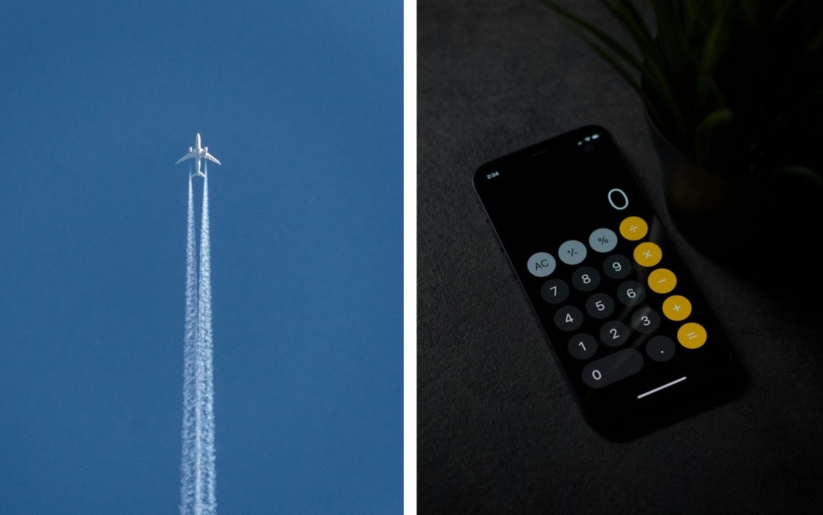 Left: A vertical shot of a plane and its contrail (condensation trail).; Right: A calculator