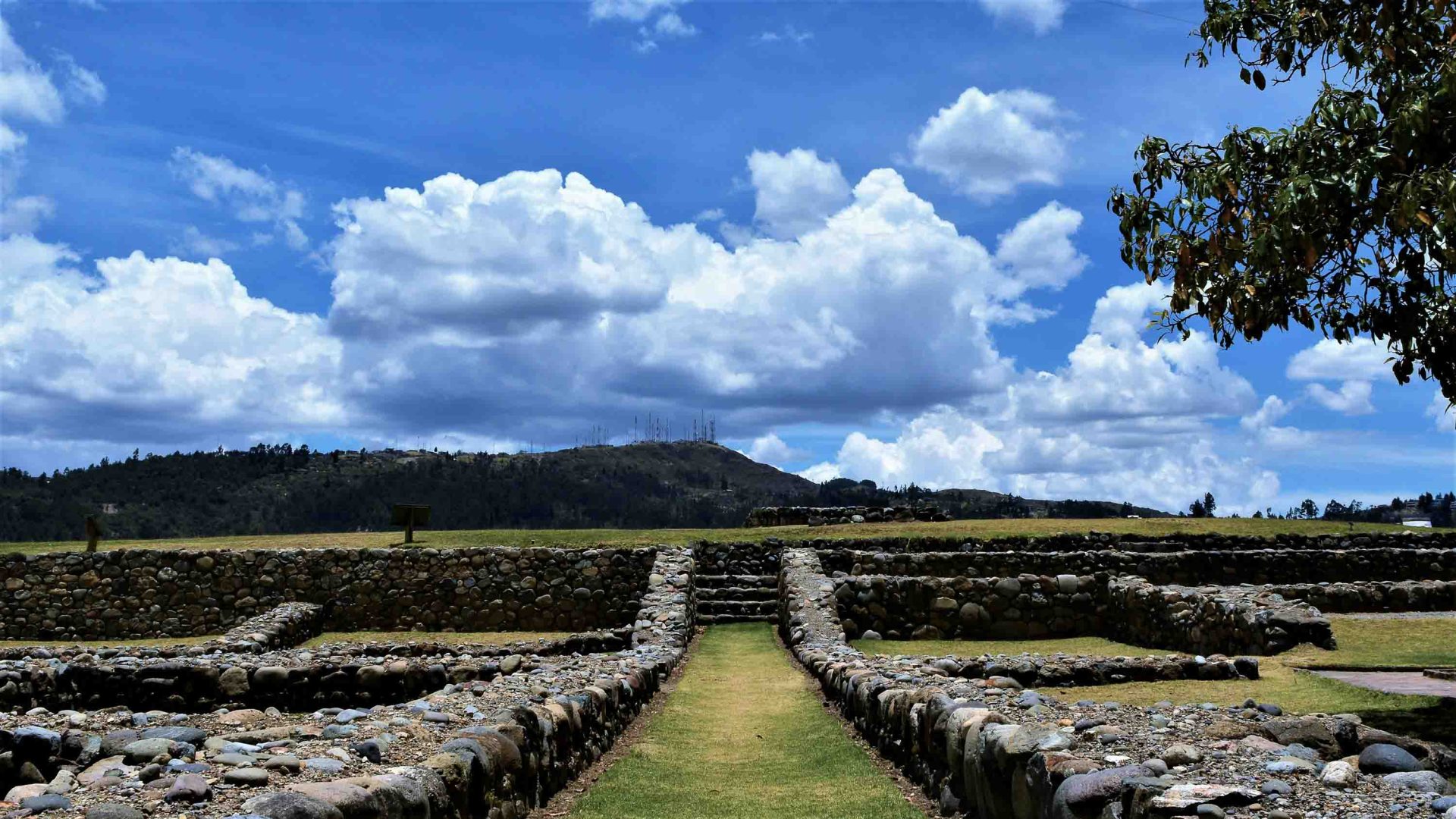 A grassy strip in between ruins of stones.
