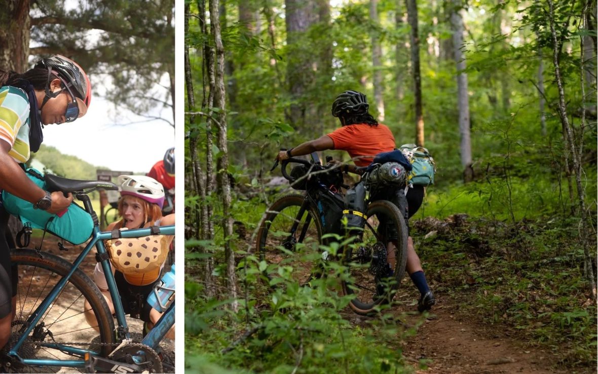 Left: A woman attaches a pannier bag to the saddle; Right: A woman walks a bicycle through the woods