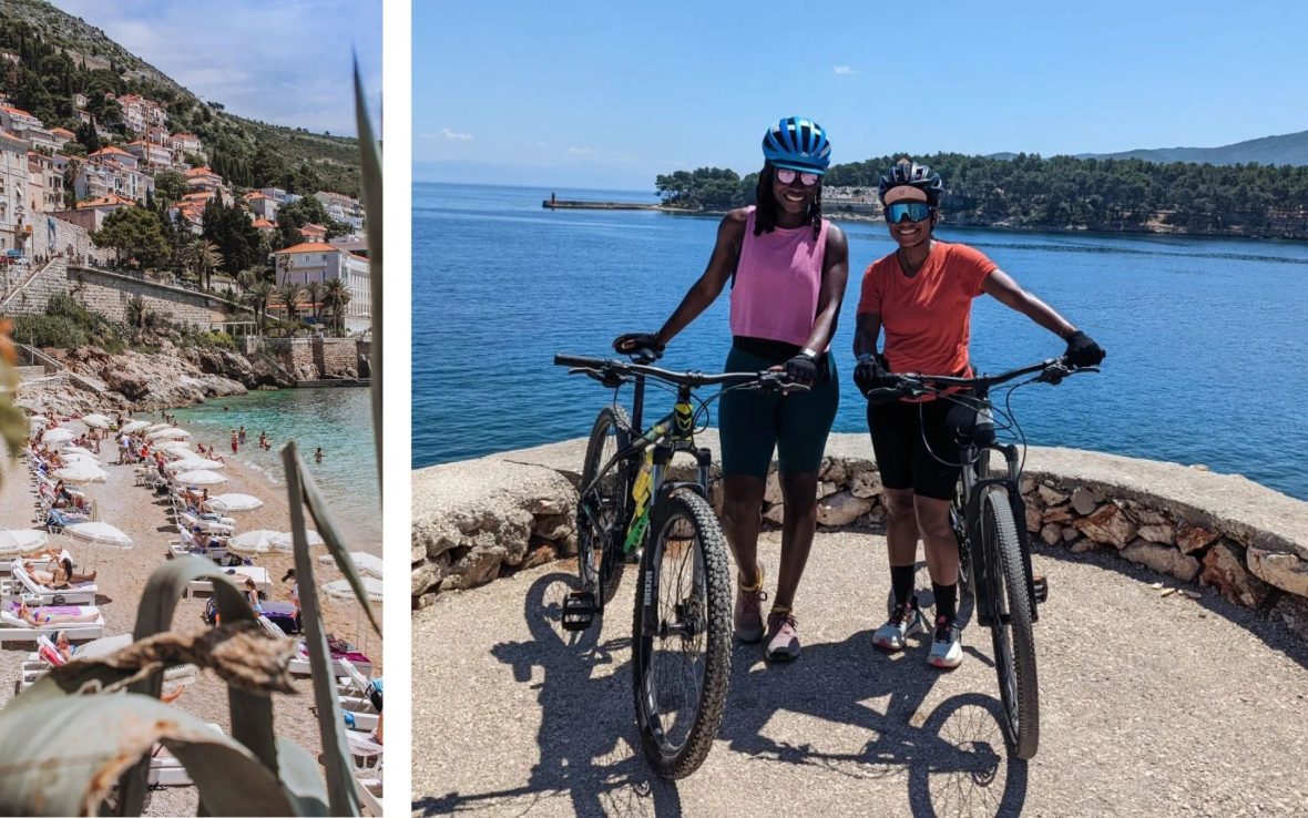 Left: A shot of a picturesque bay and sandy beach with houses climbing high into the cliffs; Right: Two cyclists pose with their bikes by the water, smiling.