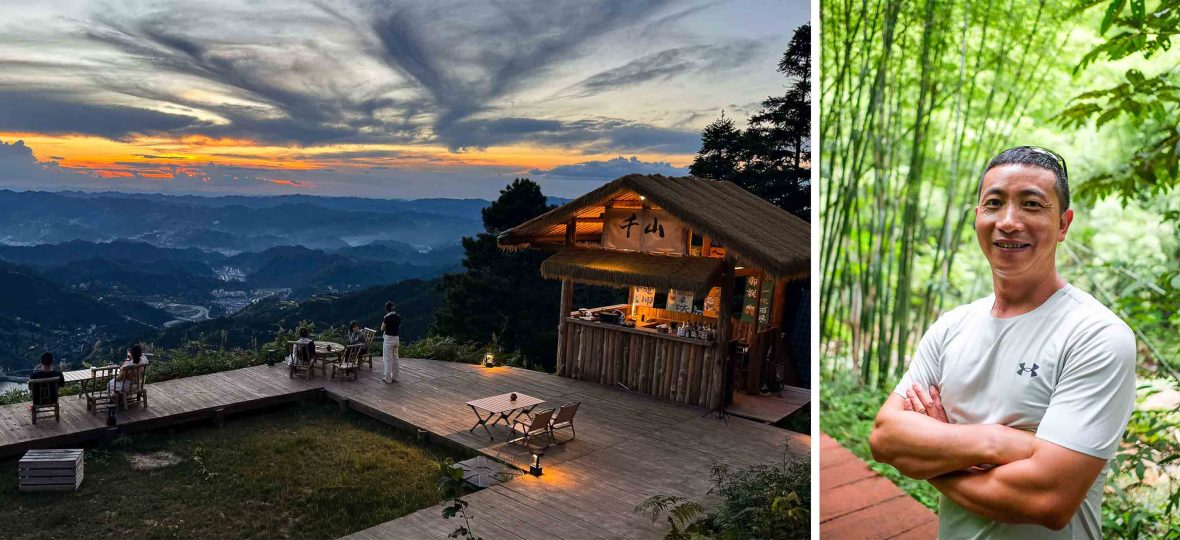 Left: A retreat with views over mountains. Right: A man in amongst some green trees.