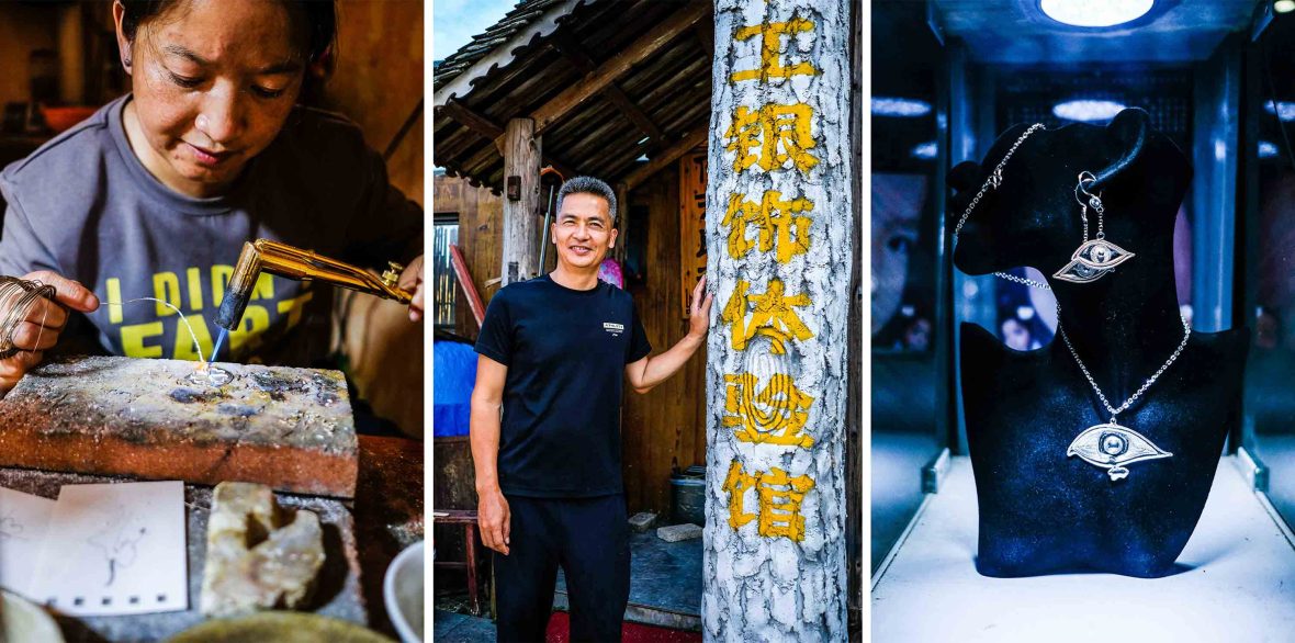 Left: A woman in a workshop makes jewellery. Centre: A man smiles to camera. Right: Silver jewellery on display.