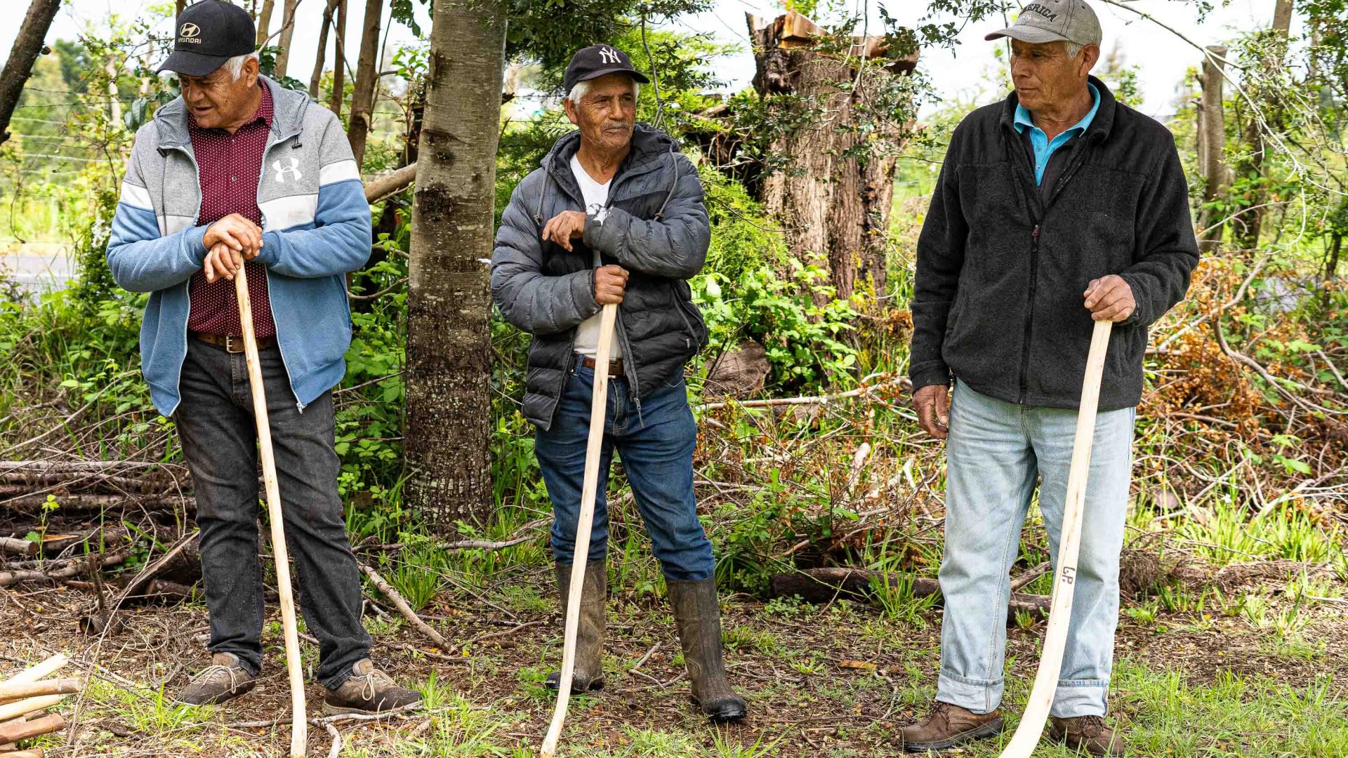 Three men stand together by some trees with sticks similar to hockey sticks.