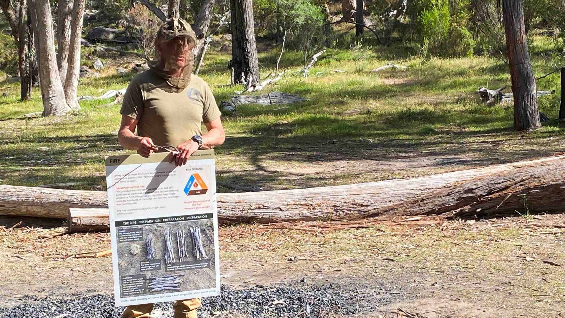 A man in a fly screen hat holds up a chart showing types of wood.