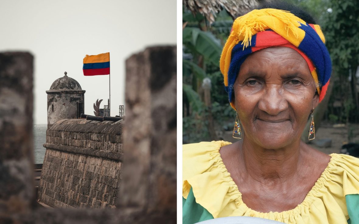 Left: Aged wall bearing Colombian flag; Right: Older Palenquera woman wearing a headwrap of blue, yellow and red.