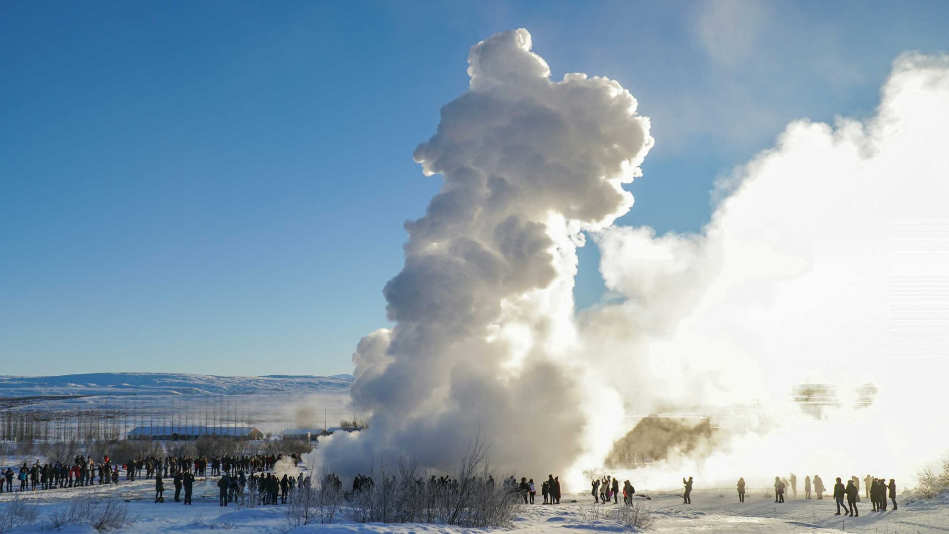Tourists stand around a tall stream of steam at a geyser.