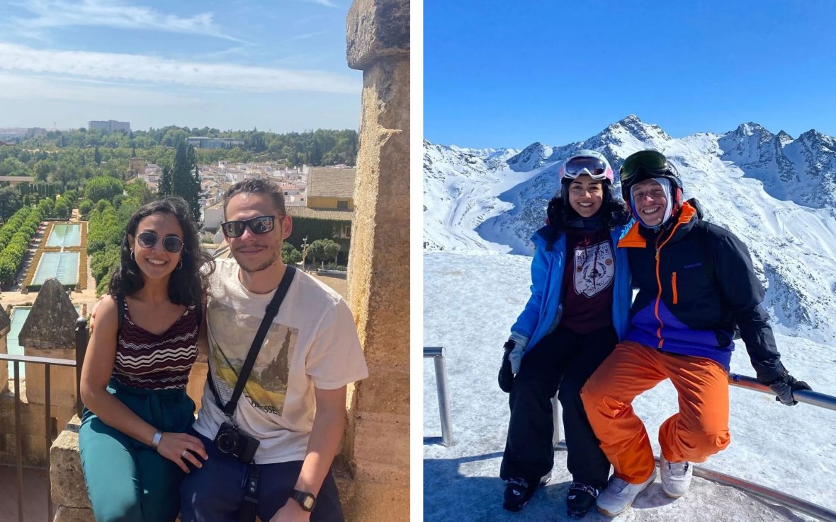 The writer with her husband on a city terrace (left) and in the mountains (right).