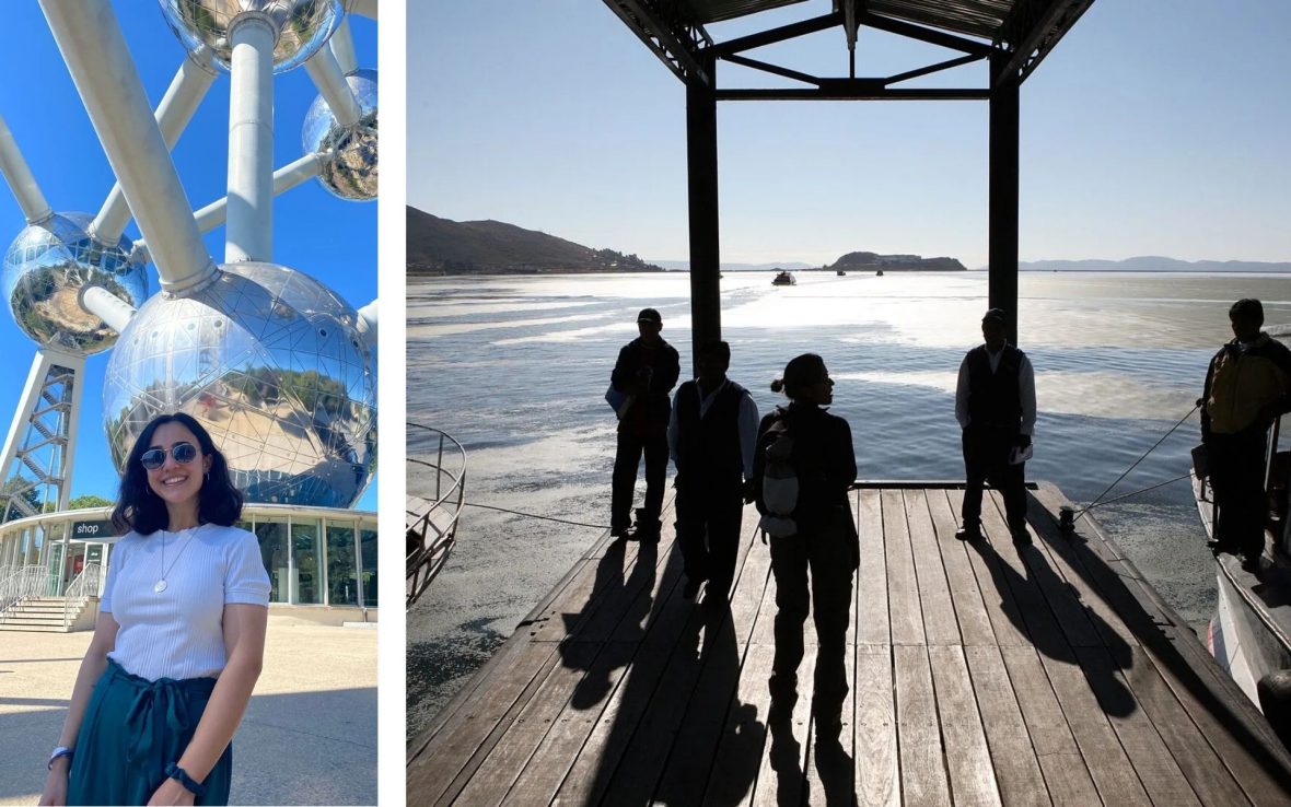 Left: The writer smiles to camera; Right: A silouetted group of people on a pier.