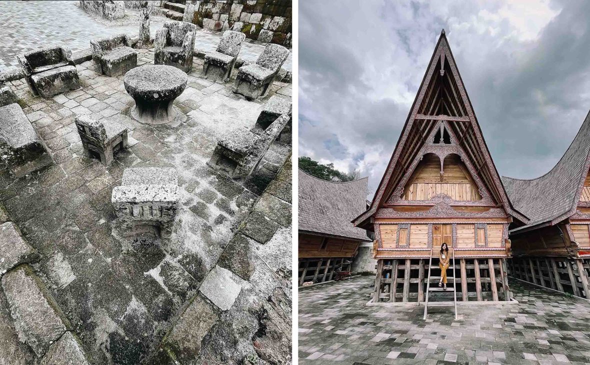Left: Stones from a structure lie on the ground. Right: A woman sits on the step of a traditional wooden house with a pointed roof.