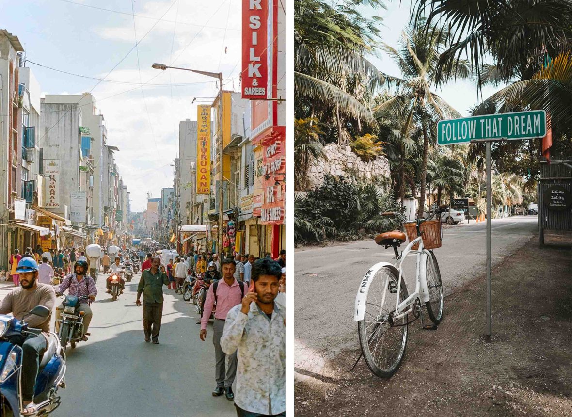 Left: People walk down a street in India. Right: A bike against a pole with a sign on it that reads 'Follow your dreams'.