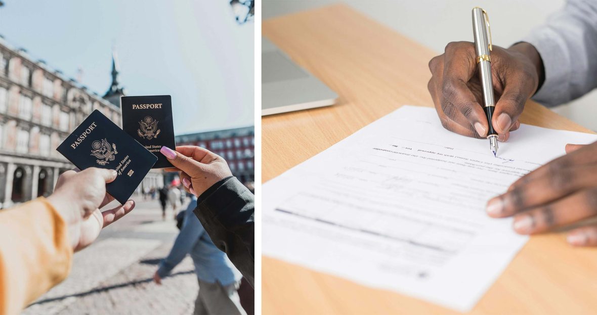 Left: Two hands hold up two American passports in front of a plaza. Right: A person completes paperwork.