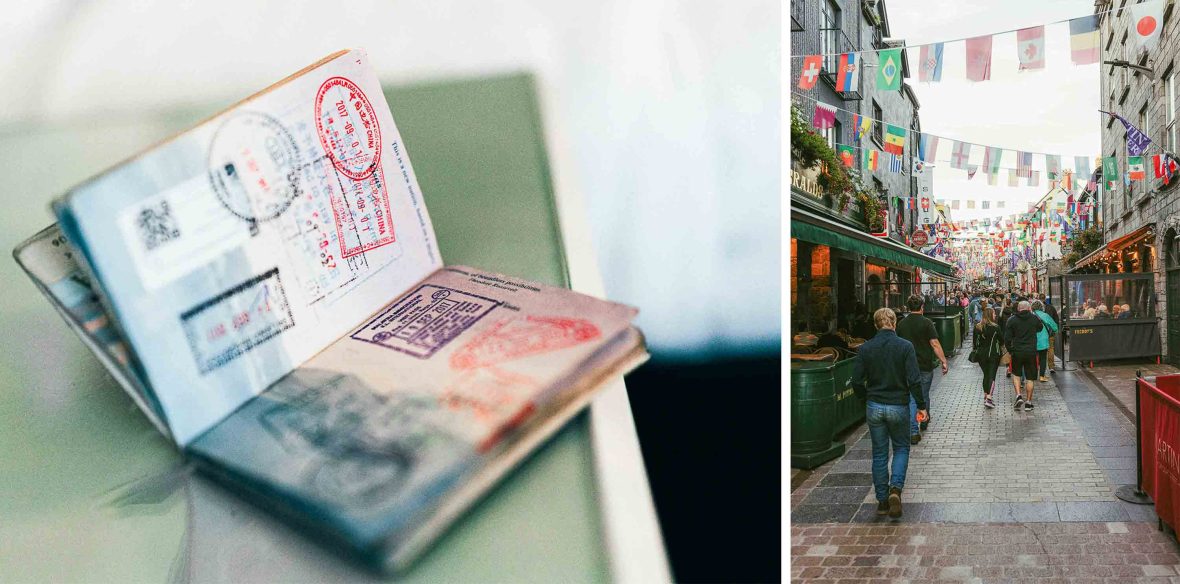 Left: A passport open to a visa page. Right: People walk down a street lined with flags from various countries.