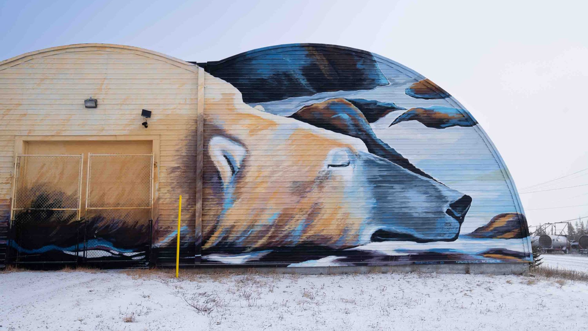 A facility with a polar bear painted on it that is used to hold polar bears.