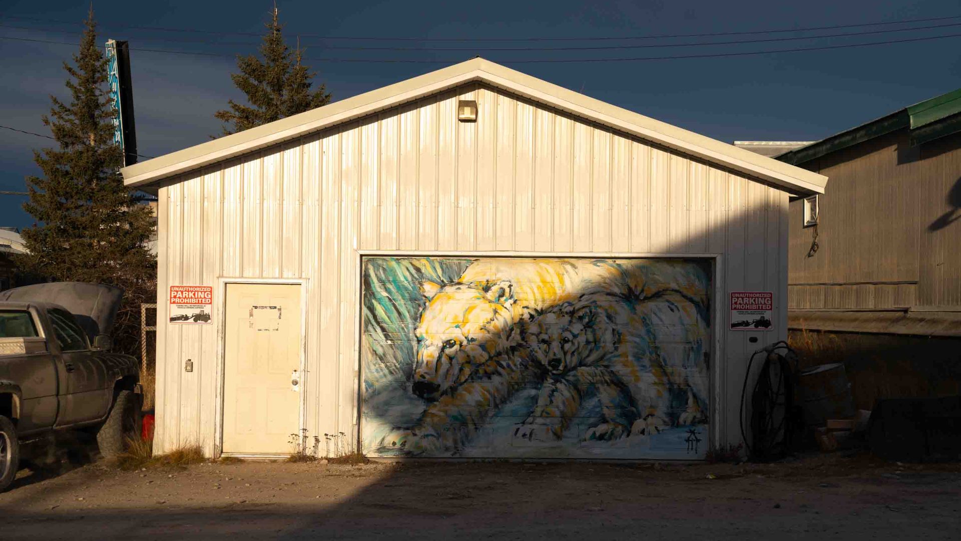 A polar bear mural on a building.