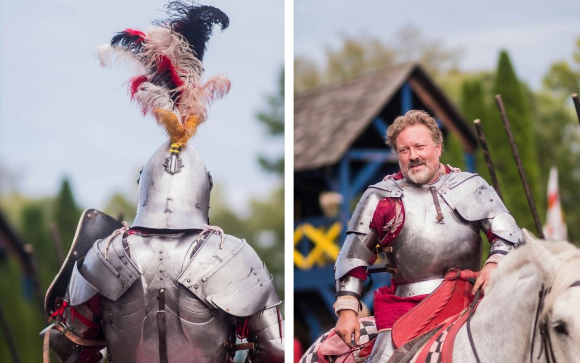 Left: A knight with red, blue, orange, and white feathers sticking up from his helmet, stands facing away from the camera. Right, a man in armor rides a horse.