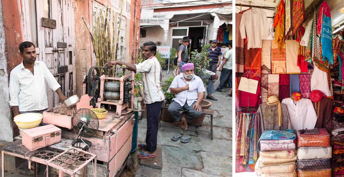 Left: Men at a drink stand in a market. Right: Clothing for sale in a market.
