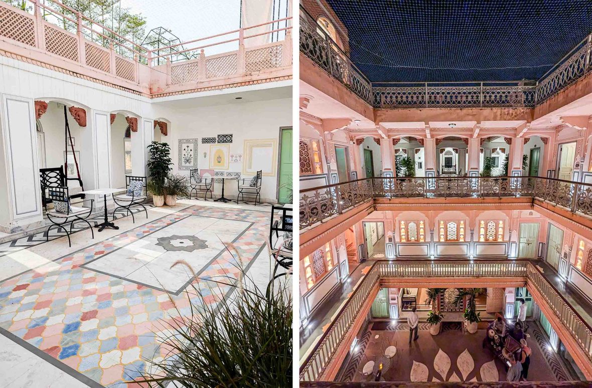 The interiors of a grand, intricately designed, multi level hotel.