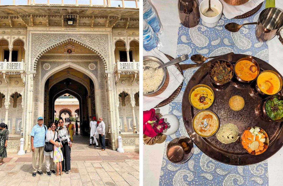 Left: A family poses in front of a palace gate. Right: A thali, made up of many small bowls of different curries and pickles.