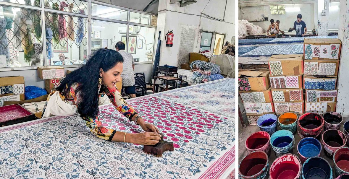 Left: A woman leans over a table to do block printing. Right: Tubs of coloured dyes and men working on a block print in the background.