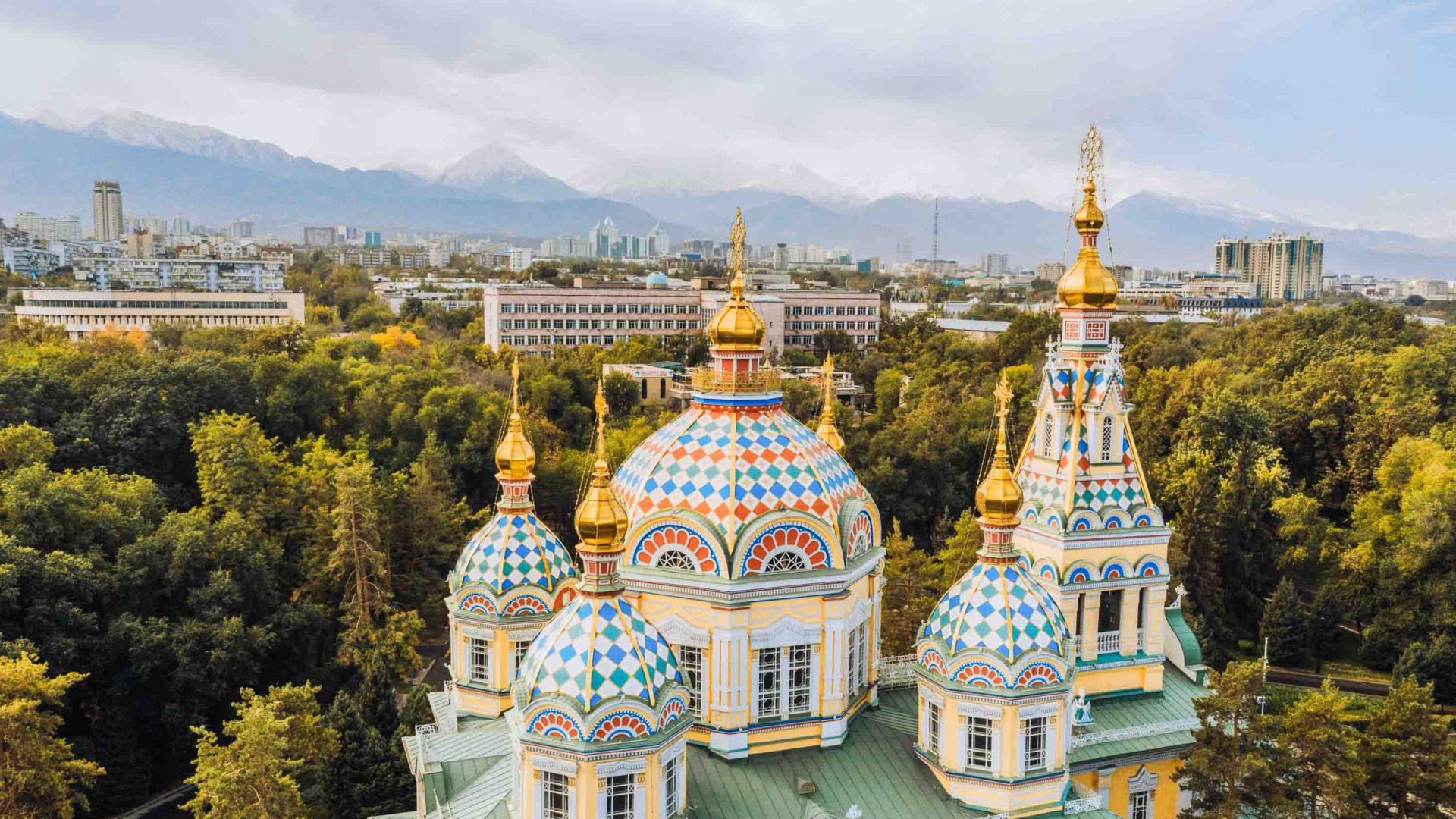 The domes of a colorful cathedral.