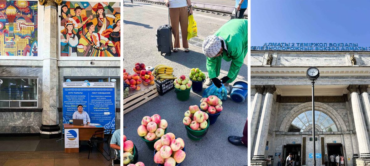 Left: A woman under a mural sells tickets at a train station. Middle: A woman bends over buckets of apples. Right: Stone pillars out the front of a train station.