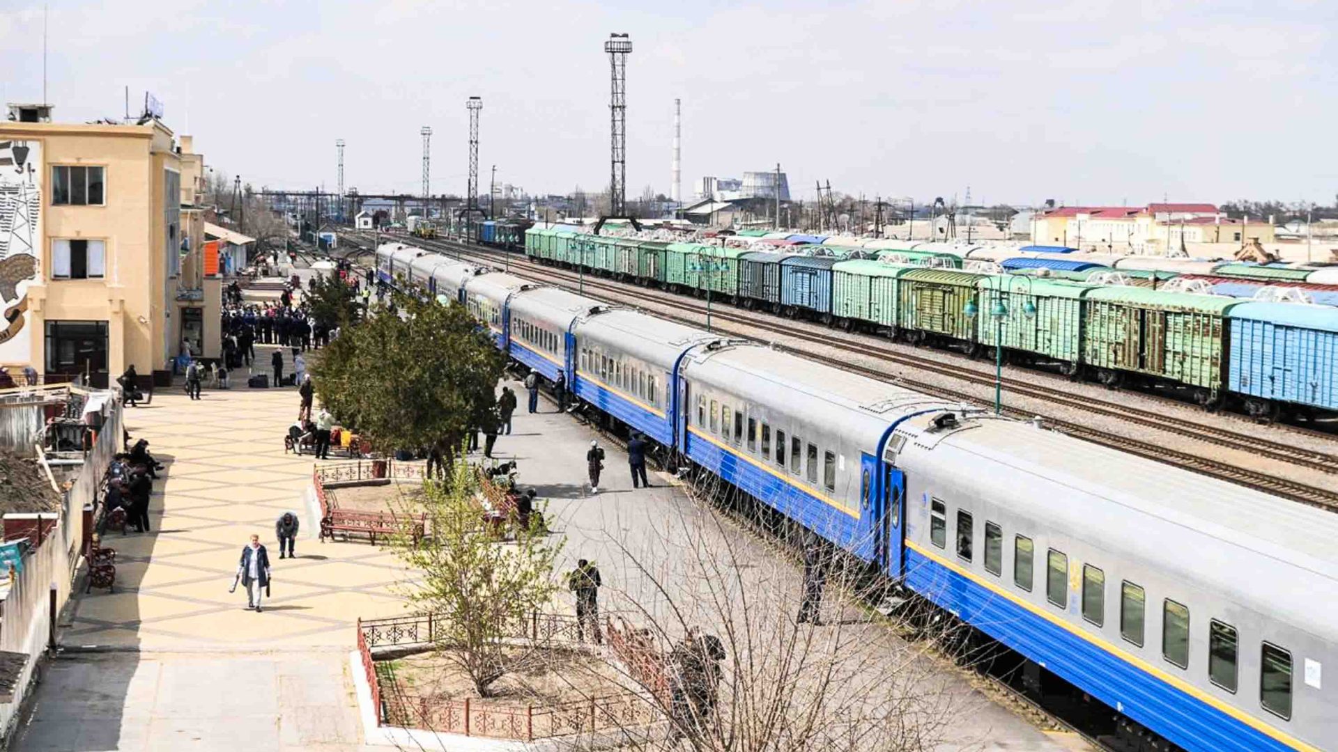 A train at a station.